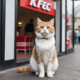 A cute, fluffy cat standing outside a KFC restaurant, looking curiously at the crowd inside