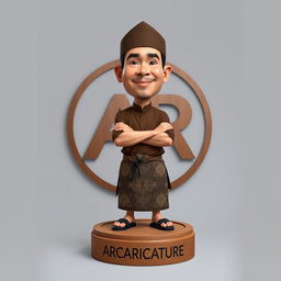 A 2D realistic caricature of an Indonesian man, featuring a clean-shaven face, no beard or mustache, wearing a traditional Javanese blangkon on his head