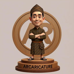 A 2D realistic caricature of an Indonesian man, featuring a clean-shaven face, no beard or mustache, wearing a traditional Javanese blangkon on his head