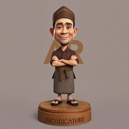 A 2D realistic caricature of an Indonesian man, featuring a clean-shaven face, no beard or mustache, wearing a traditional Javanese blangkon on his head