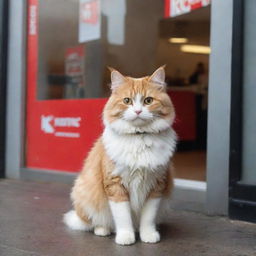 A cute, fluffy cat standing outside a KFC restaurant, looking curiously at the crowd inside