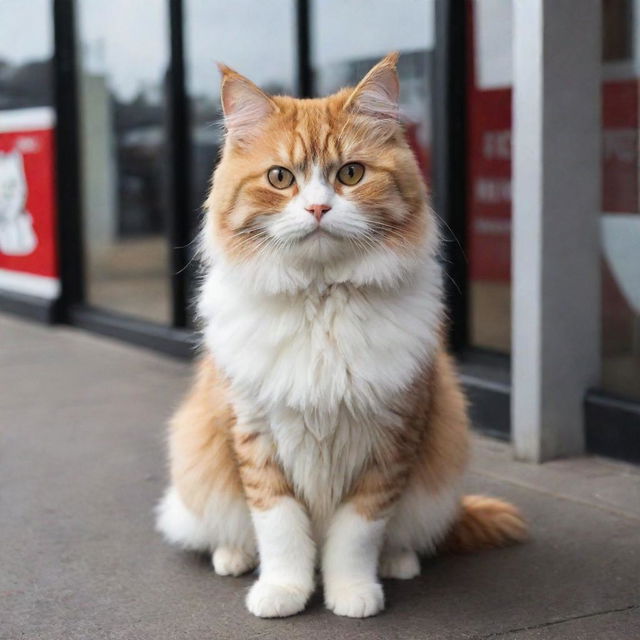 A cute, fluffy cat standing outside a KFC restaurant, looking curiously at the crowd inside