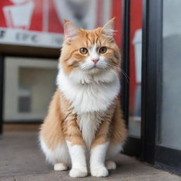 A cute, fluffy cat standing outside a KFC restaurant, looking curiously at the crowd inside