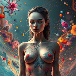 A creative digital artwork of a person with a face resembling the user's specified facial traits, having an artistic depiction of a body that appears to be nude but covered with abstract patterns and designs that provide modesty and artistic flair