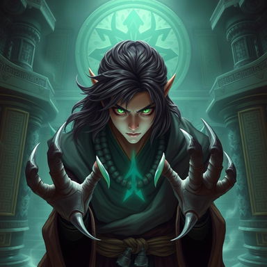 A mystical monk with sharp claws, having deep brown hair and striking green eyes, standing in a serene temple with ancient symbols