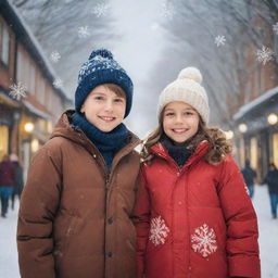 A boy and a girl wearing warm jackets in a winter setting, symbolizing the date of 14th December, surrounded by snowflakes and festive decorations.