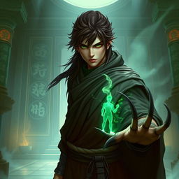 A mystical monk with sharp claws, having deep brown hair and striking green eyes, standing in a serene temple with ancient symbols