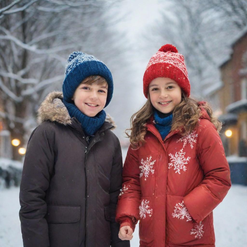 A boy and a girl wearing warm jackets in a winter setting, symbolizing the date of 14th December, surrounded by snowflakes and festive decorations.