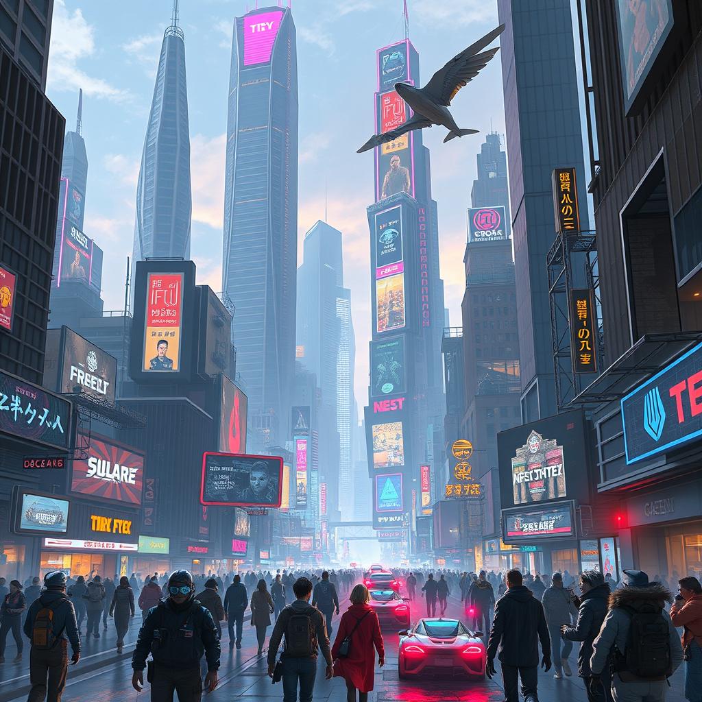 A futuristic cyberpunk cityscape with towering skyscrapers adorned with neon lights and holographic advertisements