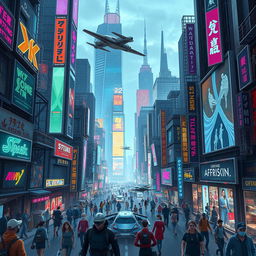 A futuristic cyberpunk cityscape with towering skyscrapers adorned with neon lights and holographic advertisements