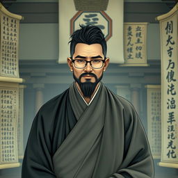 a wise monk with black hair, wearing glasses and a traditional toga, standing in a serene temple setting, surrounded by ancient scrolls and beautiful calligraphy