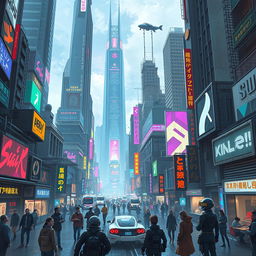 A futuristic cyberpunk cityscape with towering skyscrapers adorned with neon lights and holographic advertisements