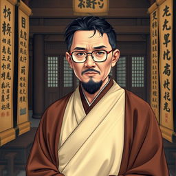 a wise monk with black hair, wearing glasses and a traditional toga, standing in a serene temple setting, surrounded by ancient scrolls and beautiful calligraphy