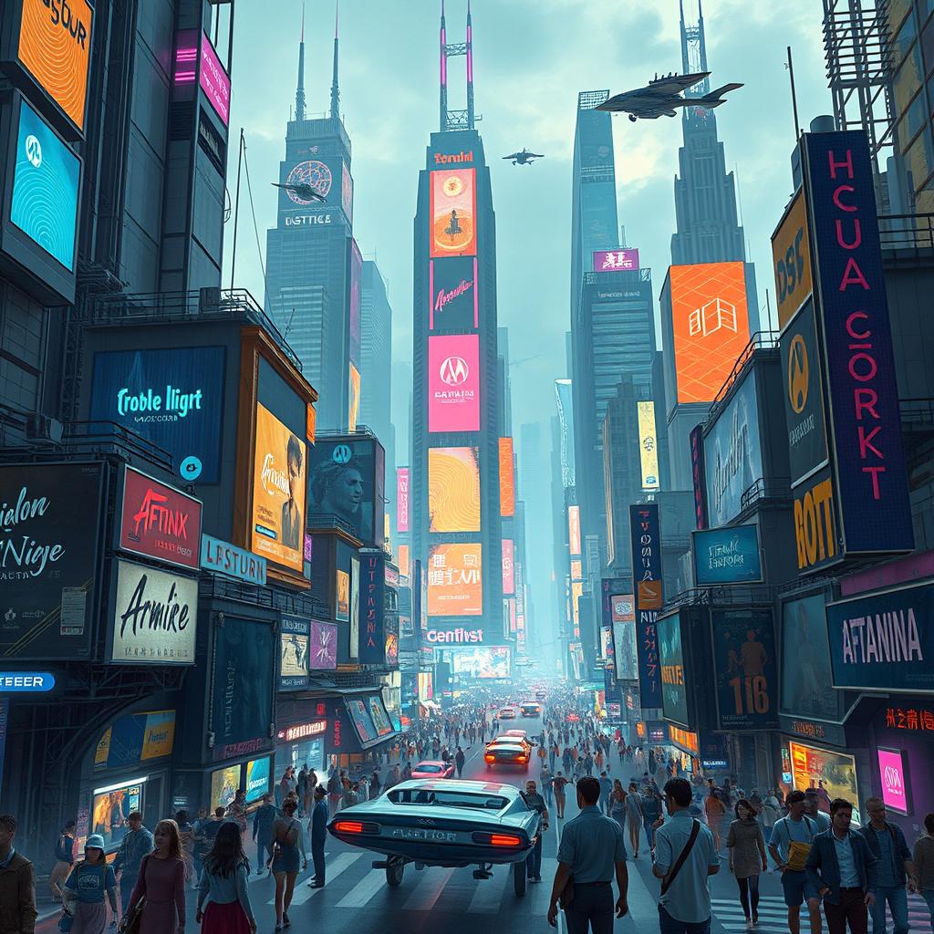 A futuristic cyberpunk cityscape with towering skyscrapers adorned with neon lights and holographic advertisements