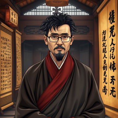 a wise monk with black hair, wearing glasses and a traditional toga, standing in a serene temple setting, surrounded by ancient scrolls and beautiful calligraphy