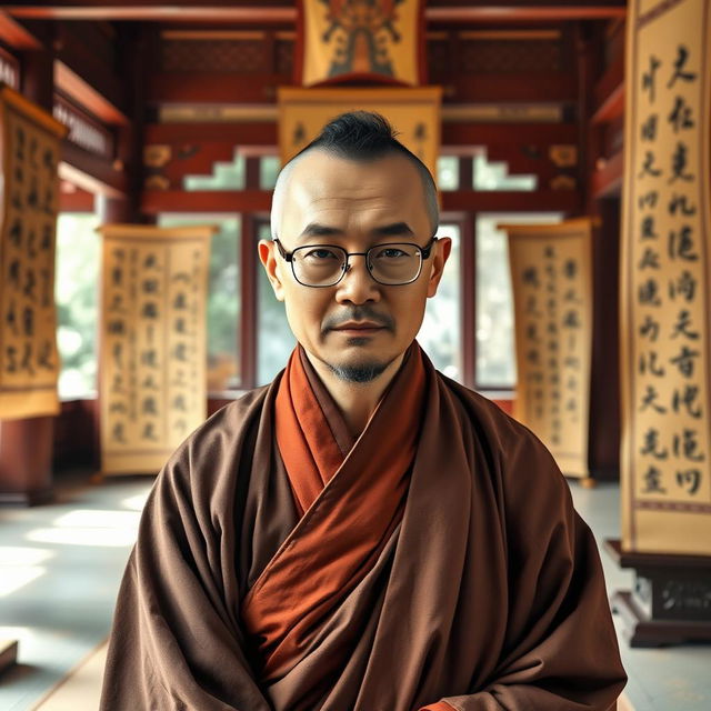 a wise monk with black hair, wearing glasses and a traditional toga, standing in a serene temple setting, surrounded by ancient scrolls and beautiful calligraphy