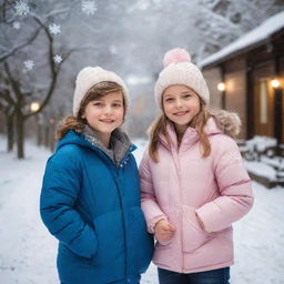 A boy and a girl wearing warm jackets in a winter setting, symbolizing the date of 14th December, surrounded by snowflakes and festive decorations.