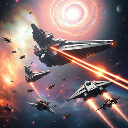 A grand space opera scene depicting an epic battle between colossal starships in the vastness of space