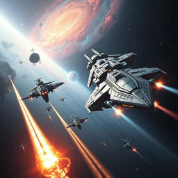 A grand space opera scene depicting an epic battle between colossal starships in the vastness of space