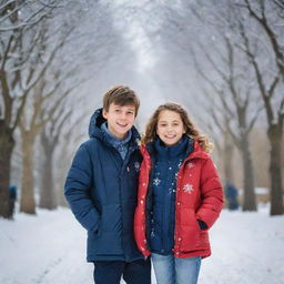 A boy and a girl wearing warm jackets in a winter setting, symbolizing the date of 14th December, surrounded by snowflakes and festive decorations.