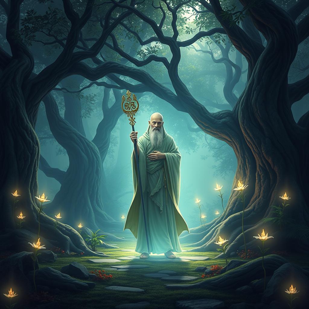 a serene and mystical fantasy setting featuring a wise monk standing gracefully in a tranquil forest clearing, glowing with an ethereal light