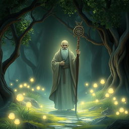 a serene and mystical fantasy setting featuring a wise monk standing gracefully in a tranquil forest clearing, glowing with an ethereal light