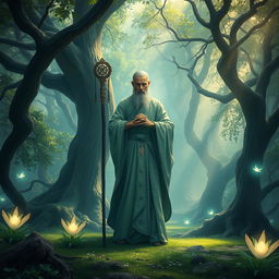 a serene and mystical fantasy setting featuring a wise monk standing gracefully in a tranquil forest clearing, glowing with an ethereal light