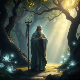 a serene and mystical fantasy setting featuring a wise monk standing gracefully in a tranquil forest clearing, glowing with an ethereal light