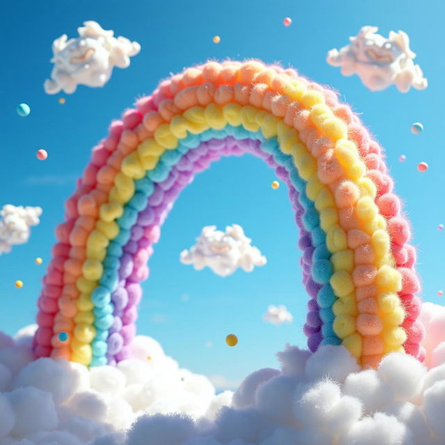 A whimsical rainbow with vibrant colors, curving playfully like a pig's curly tail through a clear blue sky, fluffy clouds float around