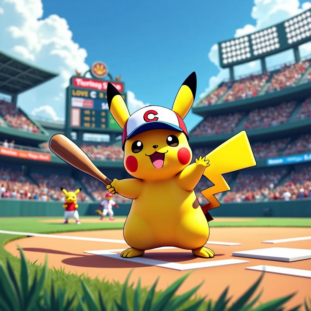 Pikachu playing baseball on a bright sunny day, wearing a baseball cap and holding a baseball bat