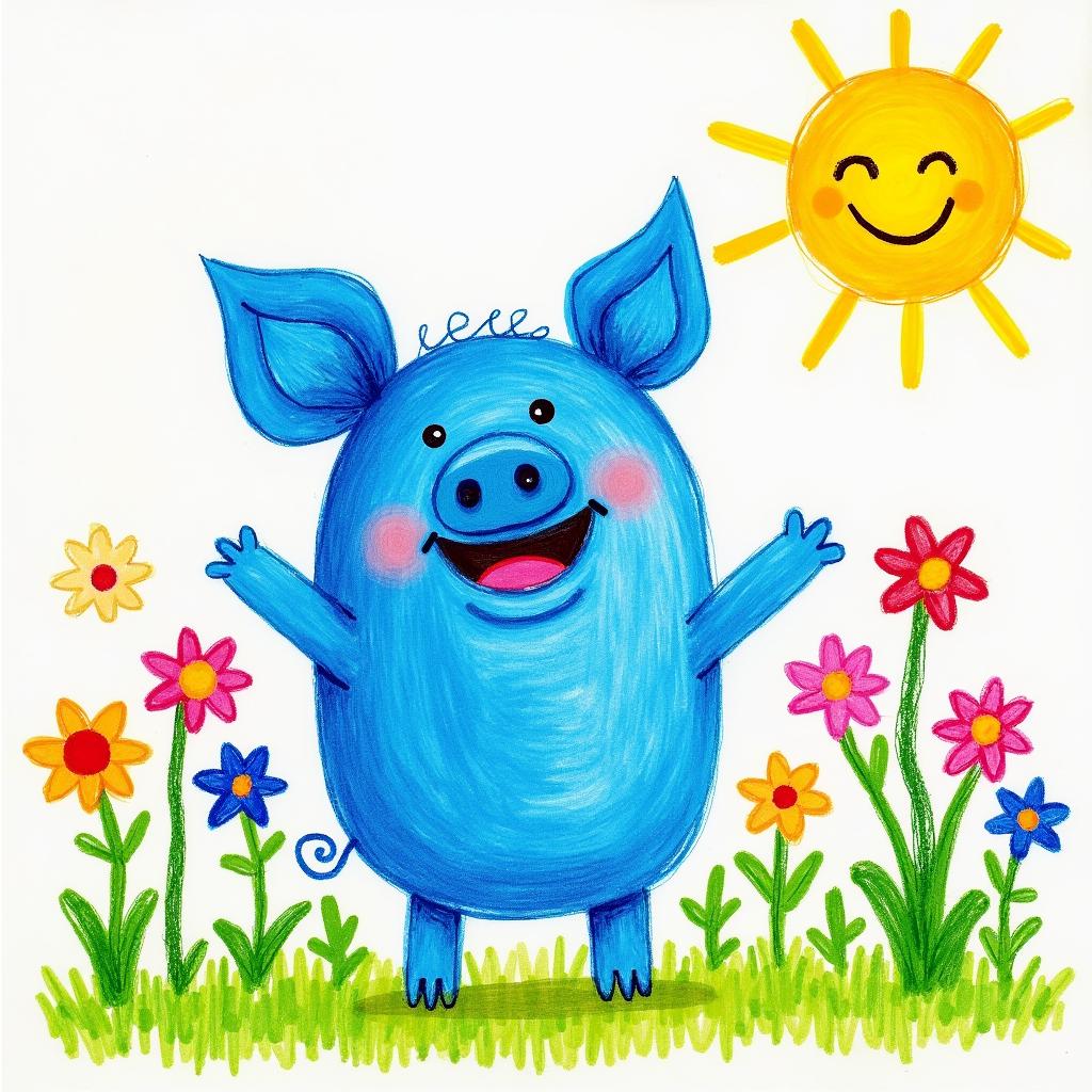 A whimsical crayon drawing of a cheerful blue pig, with artistic strokes creating a playful and imaginative representation