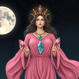 Luna, the Goddess of the Moon, adorned in a deep pink colored dress with flowing sleeves, exudes a gentle and celestial charm