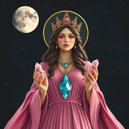 Luna, the Goddess of the Moon, adorned in a deep pink colored dress with flowing sleeves, exudes a gentle and celestial charm