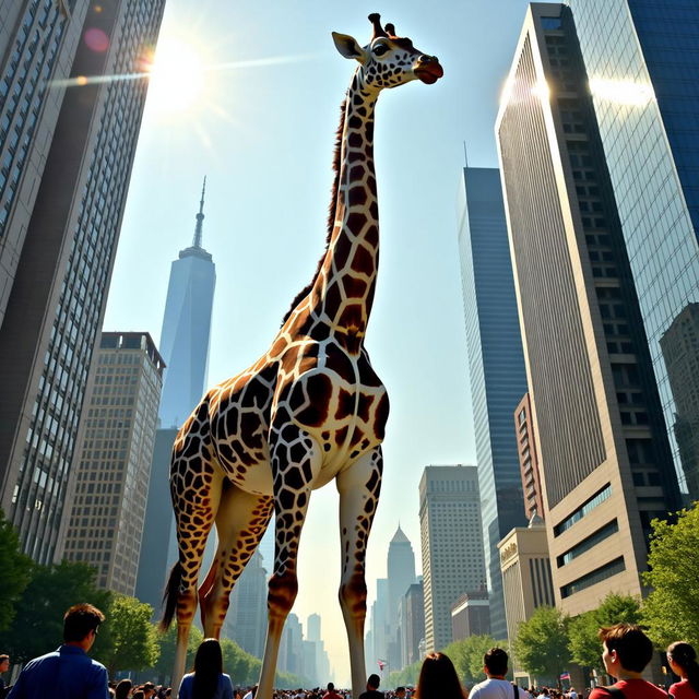 A gigantic, majestic giraffe towering over the modern city skyline