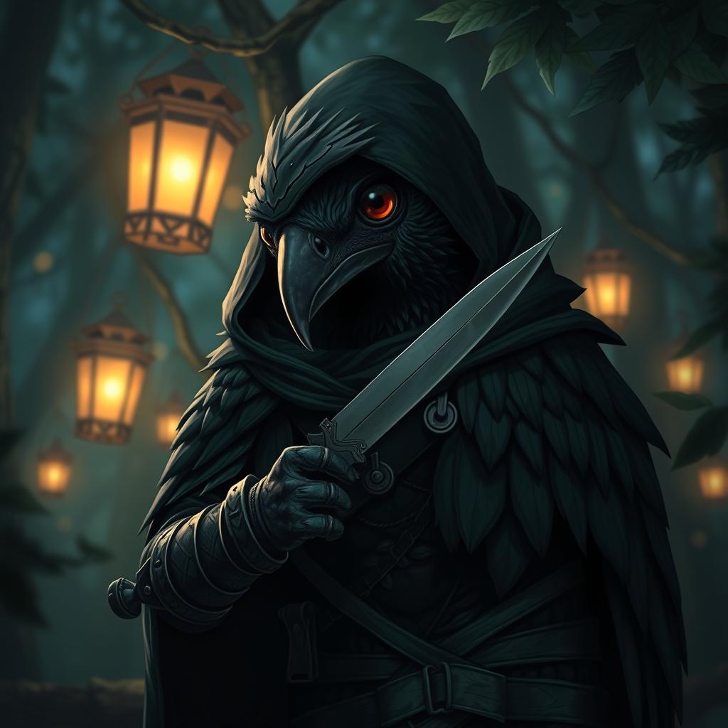 a kenku rogue with dark green feathers, stealthy and mysterious in demeanor, set against a backdrop of a shadowy forest with flickering lantern lights casting an eerie glow