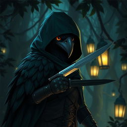 a kenku rogue with dark green feathers, stealthy and mysterious in demeanor, set against a backdrop of a shadowy forest with flickering lantern lights casting an eerie glow