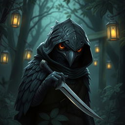 a kenku rogue with dark green feathers, stealthy and mysterious in demeanor, set against a backdrop of a shadowy forest with flickering lantern lights casting an eerie glow