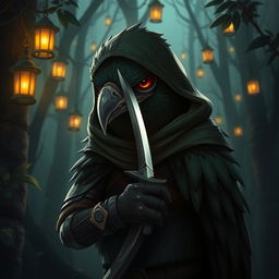 a kenku rogue with dark green feathers, stealthy and mysterious in demeanor, set against a backdrop of a shadowy forest with flickering lantern lights casting an eerie glow