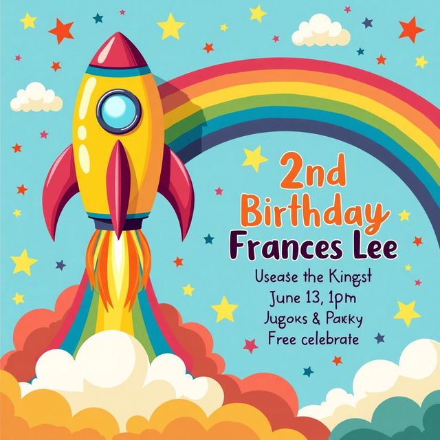 A colorful birthday invitation for Frances Lee's 2nd birthday, featuring a vibrant rainbow-themed rocket ship design