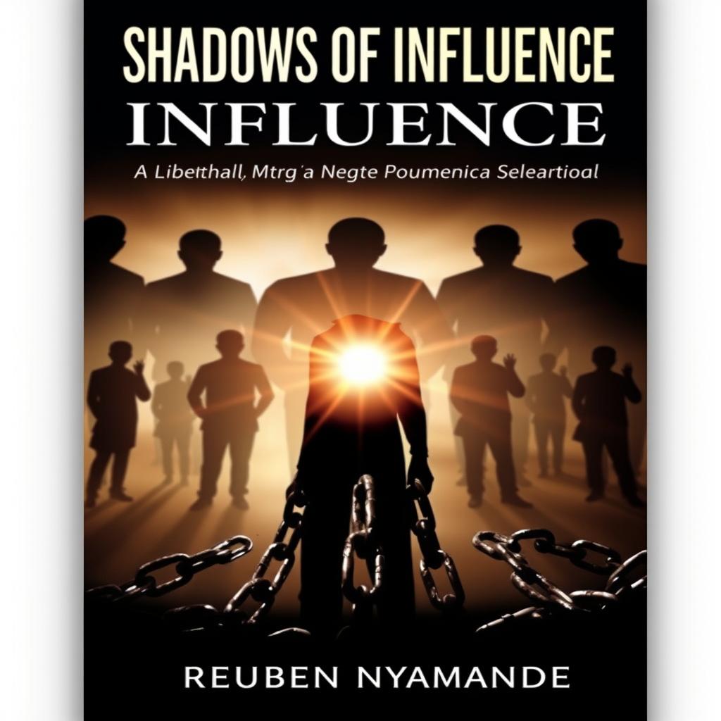 An intriguing book cover for "Shadows of Influence: Unshackling the Chains of Control and Unlocking Human Potential" by Reuben Nyamande