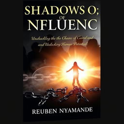 An intriguing book cover for "Shadows of Influence: Unshackling the Chains of Control and Unlocking Human Potential" by Reuben Nyamande