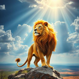 A majestic lion representing the Lion of Judah, standing proudly on a rocky outcrop overlooking a vast savanna