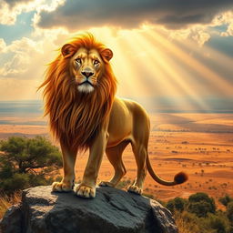 A majestic lion representing the Lion of Judah, standing proudly on a rocky outcrop overlooking a vast savanna