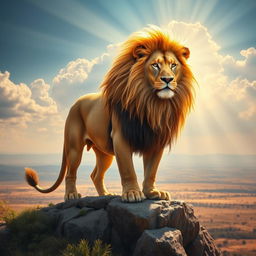 A majestic lion representing the Lion of Judah, standing proudly on a rocky outcrop overlooking a vast savanna