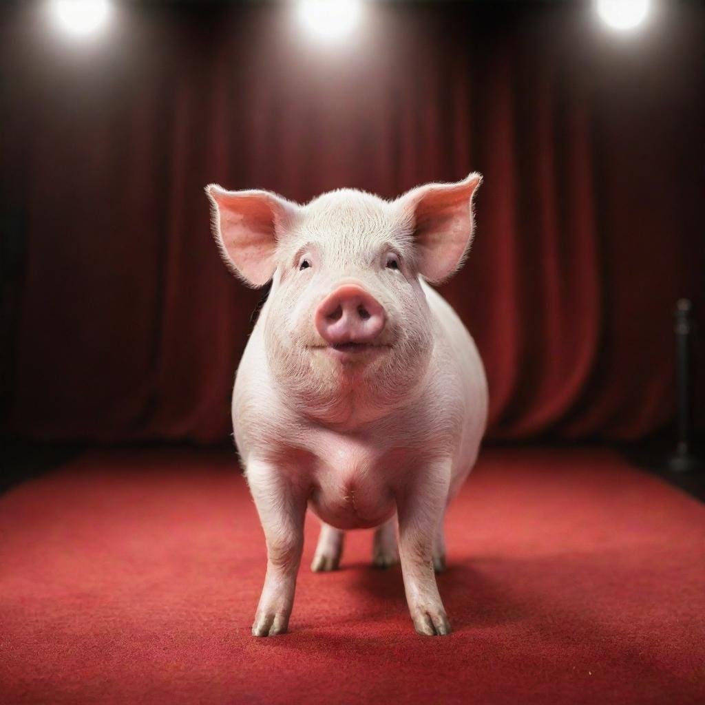 A charismatic pig, dressed elegantly and standing under a spotlight on a red carpet, capturing the essence of fame and popularity