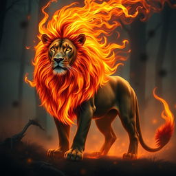 A powerful lion with a mesmerizing mane of fire standing majestically at the edge of a misty, enchanted forest