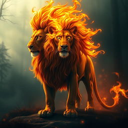 A powerful lion with a mesmerizing mane of fire standing majestically at the edge of a misty, enchanted forest