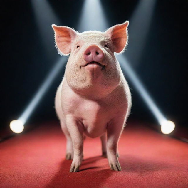 A charismatic pig, dressed elegantly and standing under a spotlight on a red carpet, capturing the essence of fame and popularity