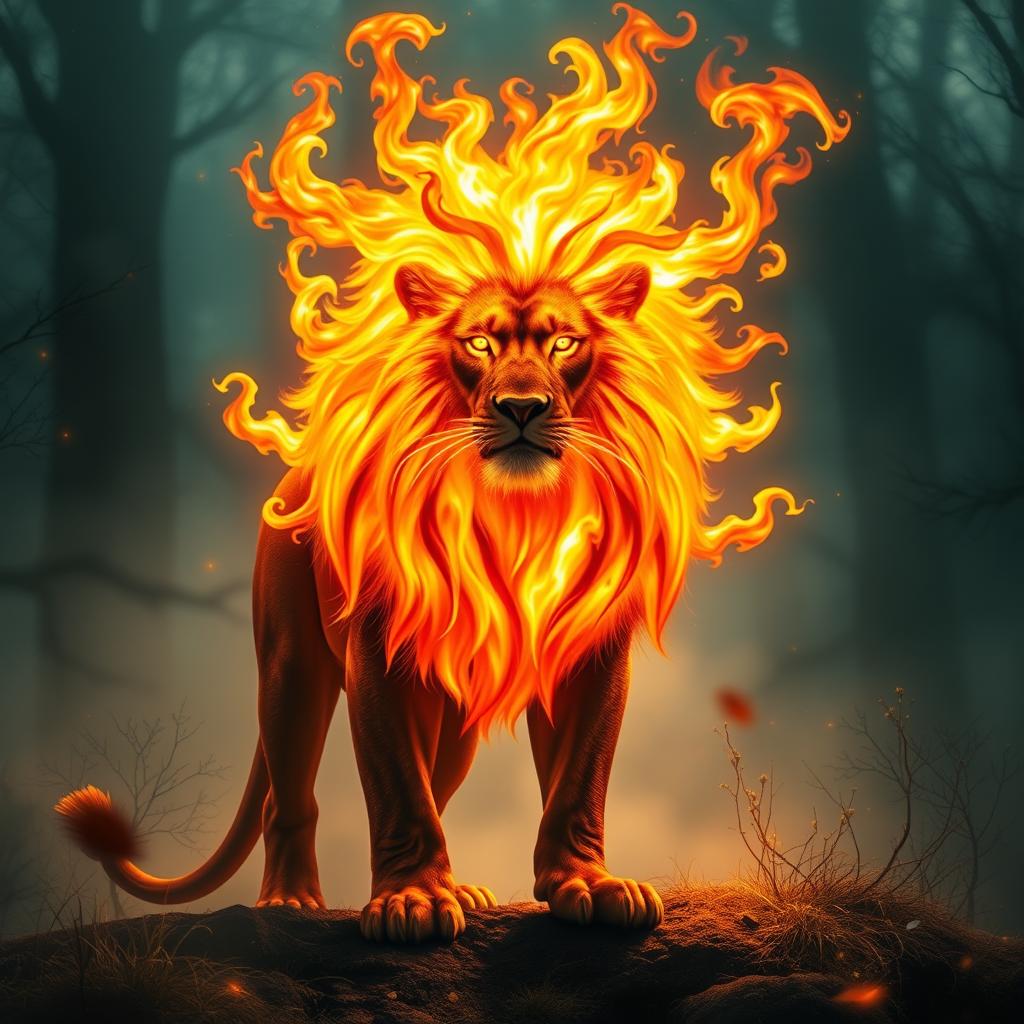 A powerful lion with a mesmerizing mane of fire standing majestically at the edge of a misty, enchanted forest