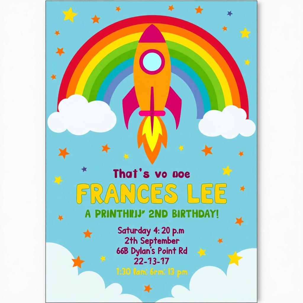 A colorful birthday invitation for Frances Lee's 2nd birthday on 13th September at 66B Dylan's Point Rd, featuring a vibrant rainbow-themed rocket ship design